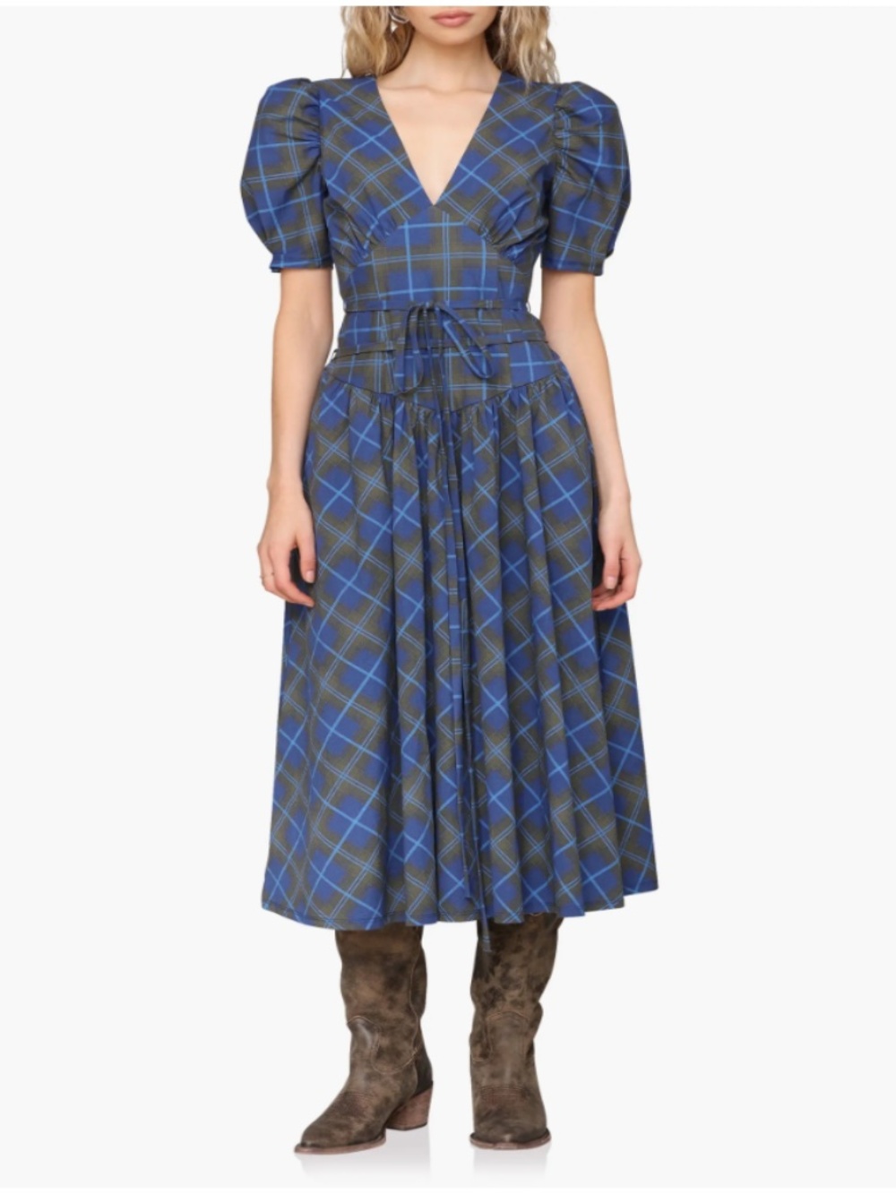 Avec Les Filles Plaid Puff Sleeve Tie Belt Stretch Cotton Midi Dress Size: S